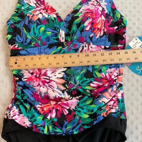 NWT Swim Solutions Black Floral Waist Minimizing‎ One Piece Swimsuit Size 16 - Picture 6 of 7